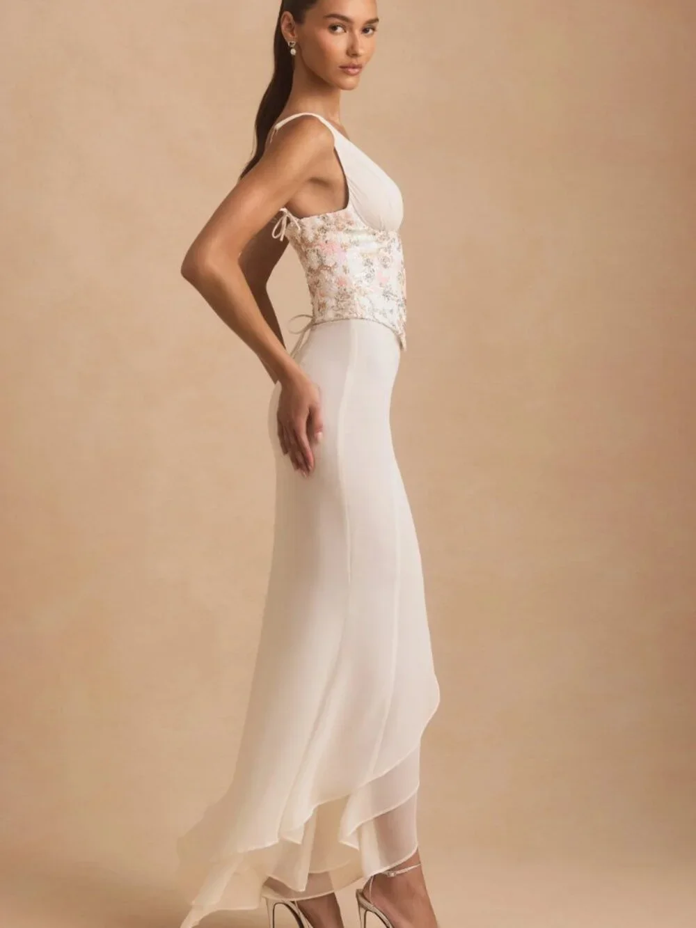 Embellished Plunge Ruffled Corset Maxi Dress in Ivory Size 2